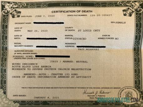 Certidão de Óbito do Departamento de Saúde do Missouri dos EUA exemplo